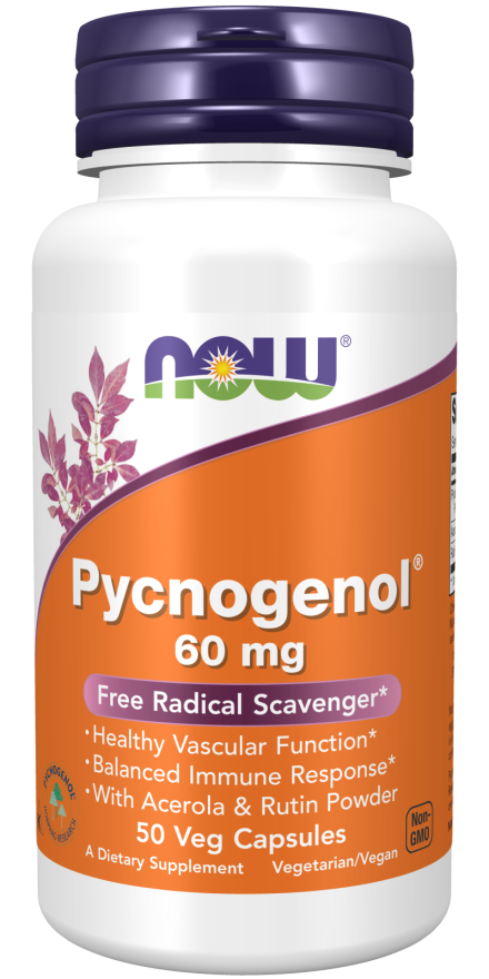 NOW Supplements, Pycnogenol 60 mg (a Unique Combo of Proanthocyanidins from French Maritime Pine) with Acerola & Rutin Powder, 50 Veg Capsules