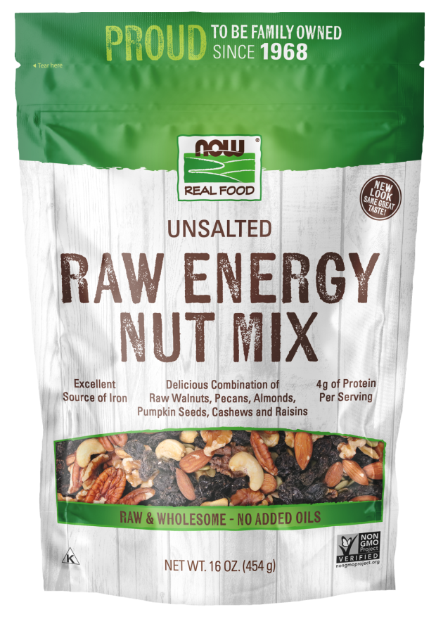 NOW Foods, Raw Energy Nut Mix, Unsalted Mix of Raisins, Walnuts, Peacans, Almonds, Pumpkin Seeds and Cashews, Great-Tasting, Source of Iron, 16-Ounce (Packaging May Vary)