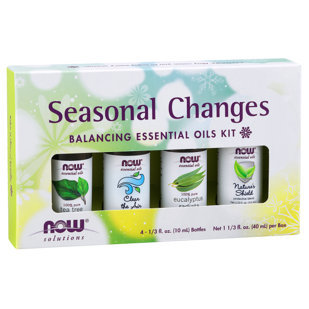 NOW Essential Oils, Seasonal Changes Balancing Aromatherapy Kit, 4x10ml Including Tea Tree, Eucalyptus Radiata, Clear the Air and Nature’s Shield Oil Blend With Child Resistant Caps