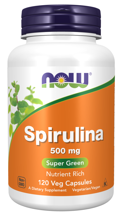 NOW Supplements, Natural Spirulina 500 mg with Beta-Carotene (Vitamin A) and Vitamin B-12, and naturally occurring Protein and GLA (Gamma Linolenic Acid), 120 Veg Capsules