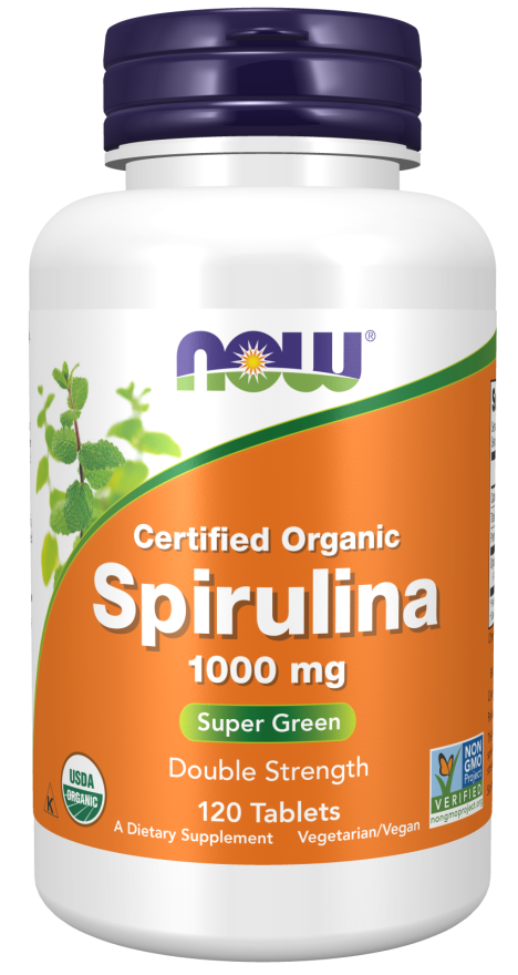 NOW Supplements, Certified Organic, Spirulina 1000 mg (Double Strength), Rich in Beta-Carotene (Vitamin A) and B-12 with naturally occurring GLA , 120 Tablets