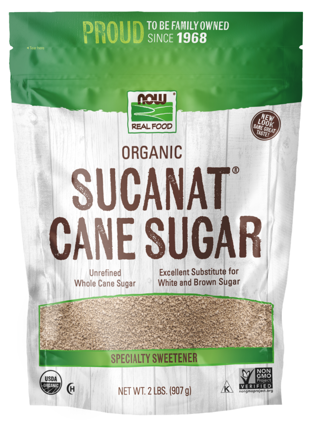NOW Foods, Certified Organic Sucanat Cane Sugar, Powder from Pure Evaporated Cane Syrup, Excellent Substitute for White and Brown Sugar, Certified Non-GMO, 2-Pound (Packaging May Vary)