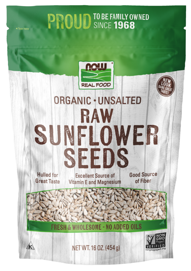 NOW Foods, Certified Organic Sunflower Seeds, Raw and Unsalted, Source of Fiber and Vitamin E, Hulled for Great Taste, Certified Non-GMO, 16-Ounce (Packaging May Vary)