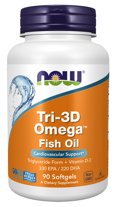 NOW Supplements, Tri-3D Omega™, Triglyceride Form of Omega-3 Fish Oil + Vitamin D-3, Molecularly Distilled, 90 Softgels