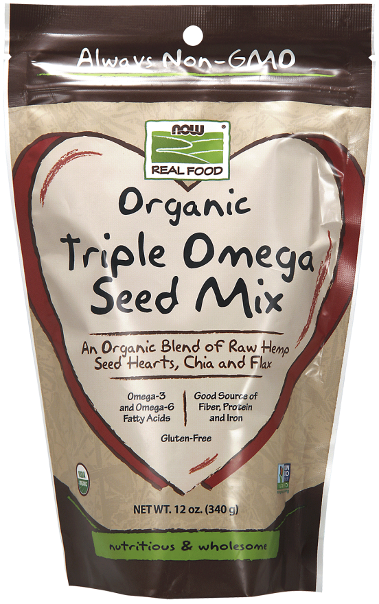 NOW Foods, Organic Triple Omega Seed Mix, Raw Hemp Seed Hearts, Chia and Flax, Omega-3 and 6 Fatty Acids, Source of Fiber, Protein and Iron, Gluten-Free, 12-Ounce (Packaging May Vary)