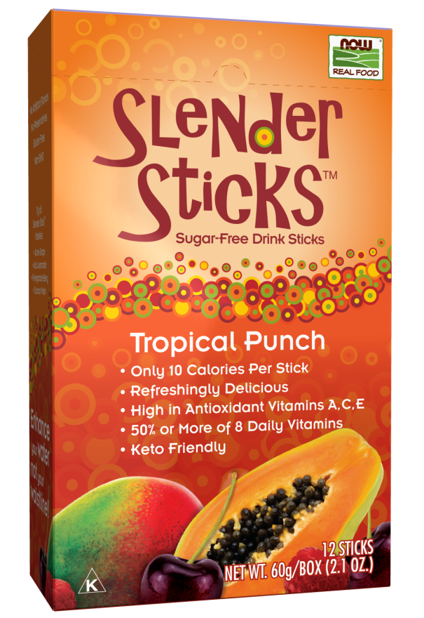 Roll over image to zoom in NOW Foods, Slender Sticks, Tropical Punch, 15 Calories Per Stick, Refreshingly Delicious, with Antioxidant Vitamins A,C, E, 12/Box