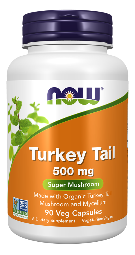 NOW Supplements, Turkey Tail 500 mg, Super Mushroom, Made with Organic Turkey Tail Mushroom and Mycelium, 90 Veg Capsules