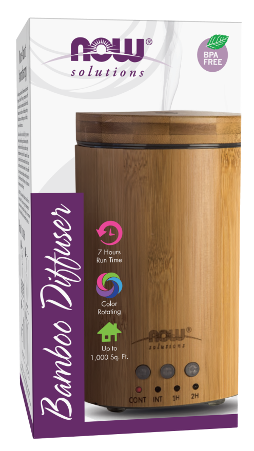 NOW Essential Oils, Ultrasonic Real Bamboo Aromatherapy Oil Diffuser, Extremely Quiet, Heat Free and Easy to Clean, Color Changing LED Diffuser