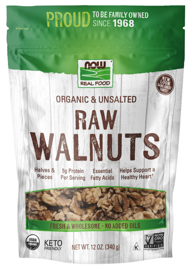 NOW Foods, Certified Organic Walnuts, Raw and Unsalted, Halves and Pieces, Good Source of Protein and Healthy Fatty Acids, Certified Non-GMO, 12-Ounce (Packaging May Vary)