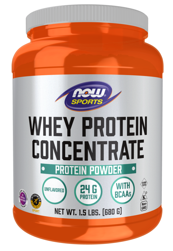 NOW Sports Nutrition, Whey Protein Concentrate, 24 g With BCAAs, Unflavored Powder, 1.5-Pound