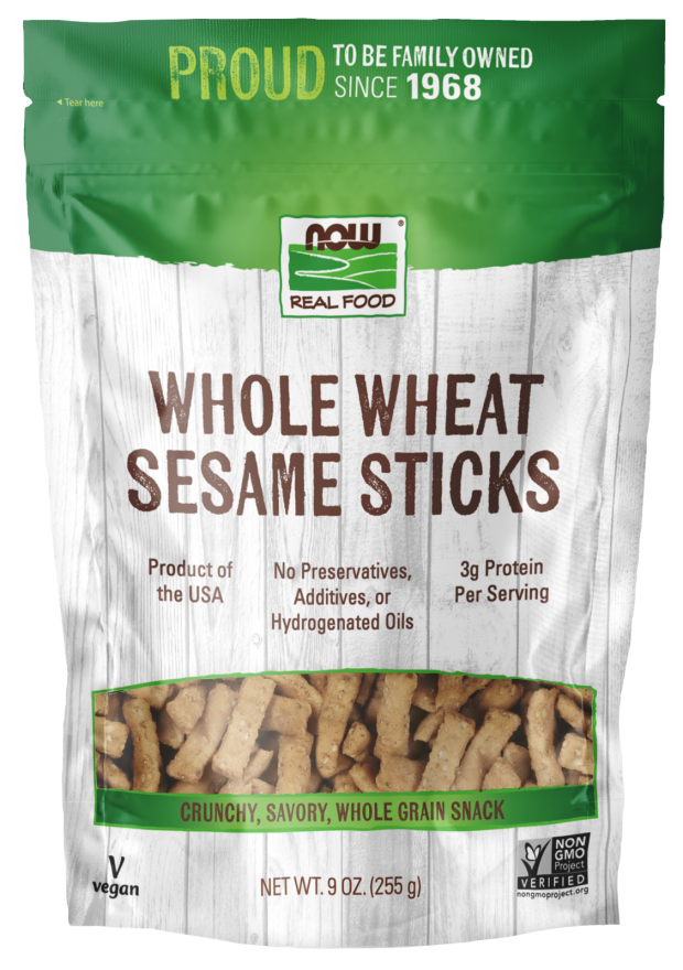 NOW Foods, Whole Wheat Sesame Sticks, Product of the USA, No Preservatives, Additives or Hydrogenated Oils, Certified Non-GMO, 9-Ounce (Packaging May Vary)