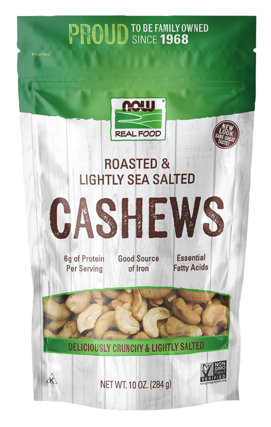 NOW Foods, Cashews, Roasted and Salted, Rich Buttery Flavor, Source of Protein and Healthy Fatty Acids, Certified Non-GMO, 10-Ounce (Packaging May Vary)