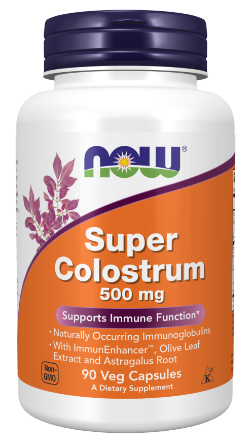 NOW Supplements, Super Colostrum 500 mg, Naturally occurring Immunoglobulins with ImmunEnhancer™, Olive Leaf Extract and Astragalus Root, 90 Veg Capsules