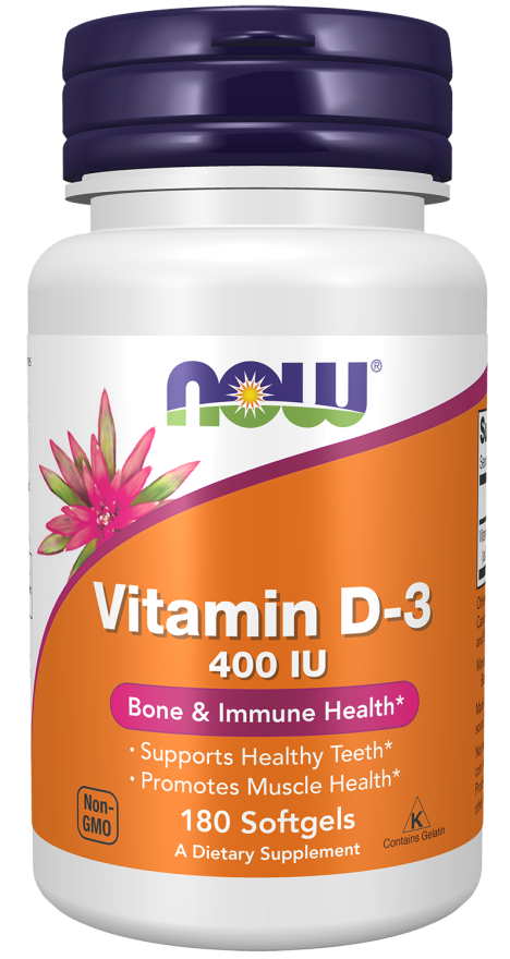 NOW Supplements, Vitamin D-3 400 IU, Strong Bones*, Structural support*, 180 Softgels
