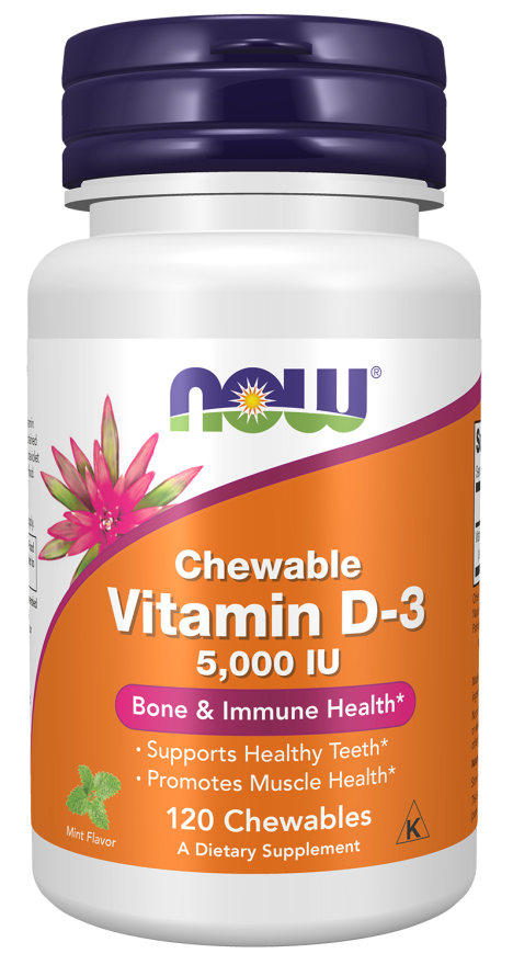 NOW Supplements, Vitamin D-3 5,000 IU, Natural Mint Flavor, Structural Support*, 120 Chewables