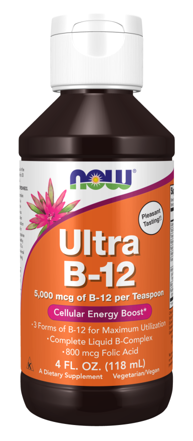 NOW Supplements, Ultra B-12, Liquid, 800 mcg Folic Acid, Cellular Energy Production*, 4-Ounce