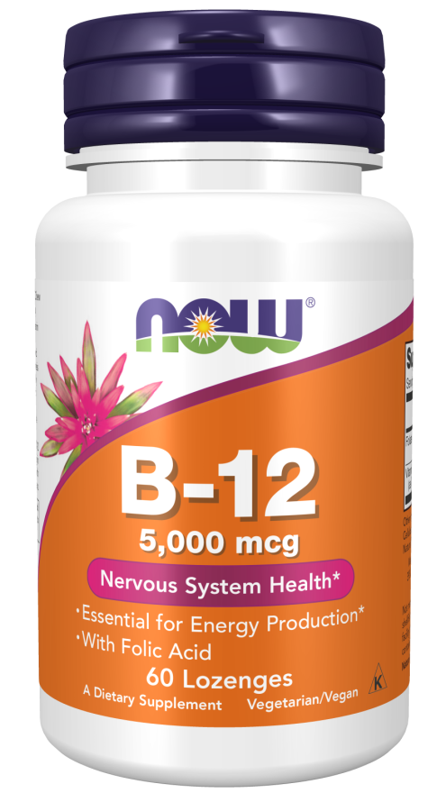 NOW Supplements, Vitamin B-12 5,000 mcg, With Folic Acid, Nervous System Health*, 60 Lozenges