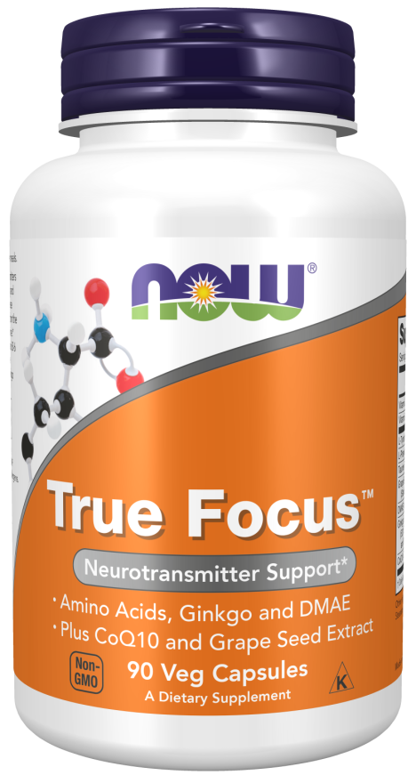 NOW Supplements, True Focus™ with Amino Acids, Ginkgo, DMAE + CoQ10 and Grape Seed Extract , 90 Veg Capsules